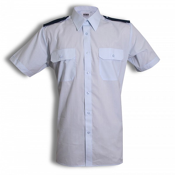 Košile pánská  modrá - krátký rukáv, s tm. nárameníky (35% Bavlna/65% PES)